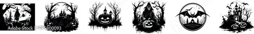 A chilling collection of spooky Halloween icons in a stark black and white vector set, perfect for eerie holiday designs.