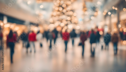 Shopping Mall with Christmas Decoration and Crowd of People - Holiday Season Sale