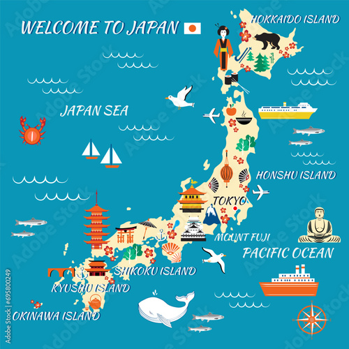 Japan cartoon travel map vector illustration, japanese symbol sakura, pagoda, umbrella, fan, geographic banner template, colorful symbol, adventure, decorative travel card, design for touristic poster