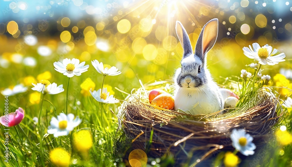  Osterhase mit Osternest in einer Blumenwiese Stock Photo 