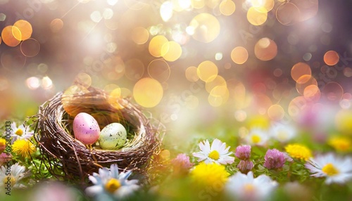 Osternest mit bemalten Ostereiern in einer Blumenwiese photo