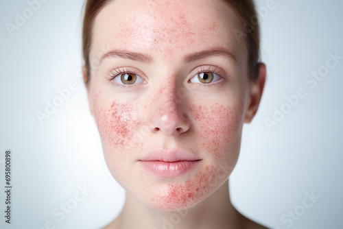 Young woman with Rosacea, chronic skin condition affecting her face photo