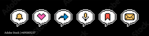 Pixel art speech bubble stickers. Used for social networks, instant messengers and podcasts. 8 bit vector illustration on black background.