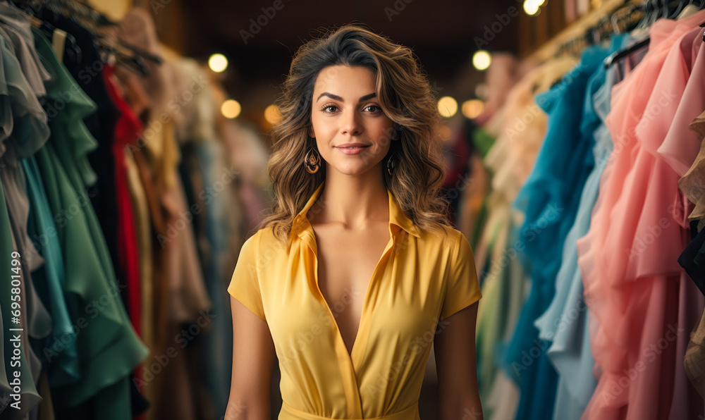 Confident Fashion Designer Standing in Her Boutique with Racks of Colorful Dresses and Garments on Display Confident Fashion Designer Standing in Her Boutique with Racks of Colorful Dresses and Garments on Display