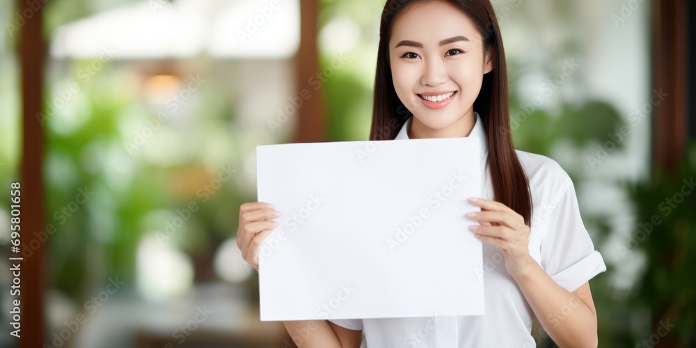 Happy and attractive young woman with a cheerful smile holds a blank sign, providing space for a message or advertisement. Happy and attractive young woman with a cheerful smile holds a blank sign, providing space for a message or advertisement.