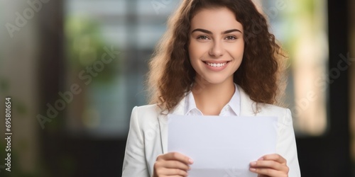 Confident and happy businesswoman holding blank document showing success and professionalism in corporate setting.