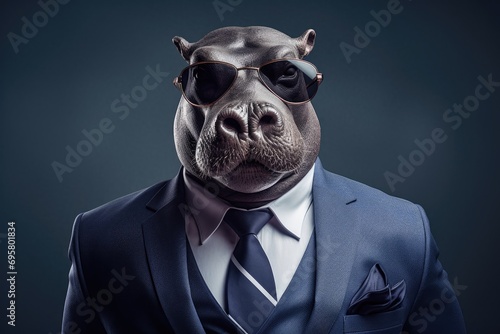 Hippo in a navy blue suit and sporty sunglasses, confident look