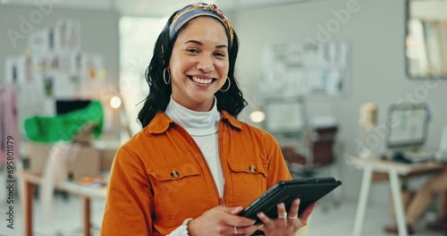 Small business, face or woman with tablet for logistics, ecommerce or sales in office. Digital, startup or portrait of store owner with app for cargo, communication or retail stock procurement search photo