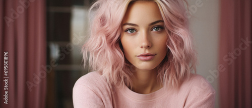 Portrait of a beautiful young woman with pink hair in the room photo
