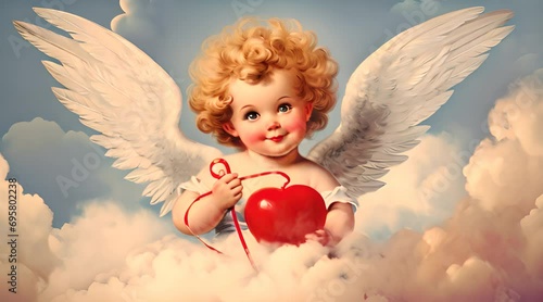 vintage poster close up cute cupid with white fluffy wings holding a red heart in fluffy clouds, valentines day photo