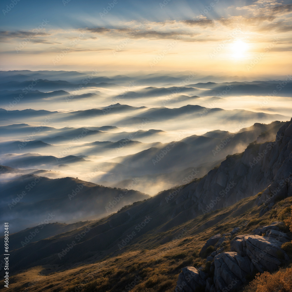 Rows of mountains at sunrise seen from the edge of a high cliff. You can see the fog through the sunlight