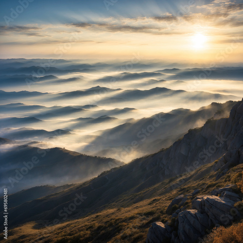 Rows of mountains at sunrise seen from the edge of a high cliff. You can see the fog through the sunlight