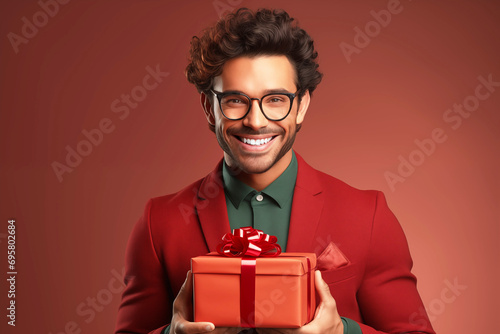 Festive Delight. Smiling Man with Gift Box on a Light Background