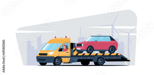 A tow truck with a driver transports a car against the backdrop of the cityscape. Vector illustration.