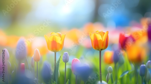 Tulips on the field, copy space. Spring background.