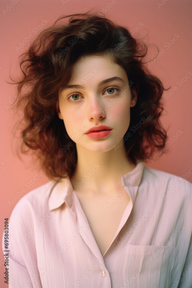 Portrait of a beautiful young woman with curly hair on a pink background Portrait of a beautiful young woman with curly hair on a pink background