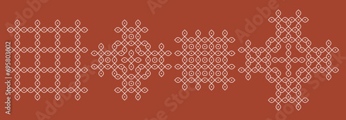 Indian Traditional and Cultural pulli or sikku Kolam design vector, set of home decor patterns.