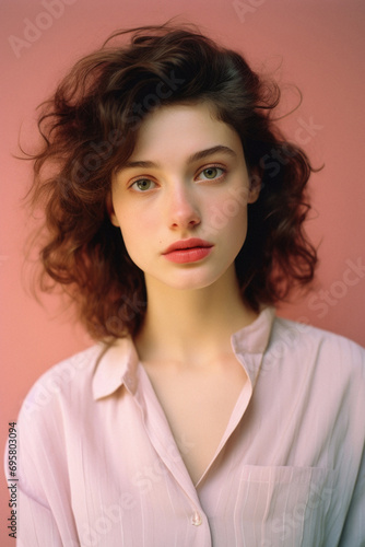 Portrait of a beautiful young woman with curly hair on a pink background