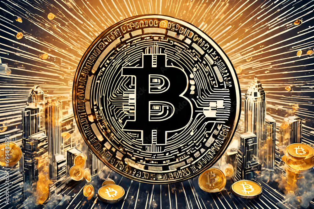 illustration bitcoin virtual currency, economy. Virtual Monte born at the end of 2008
