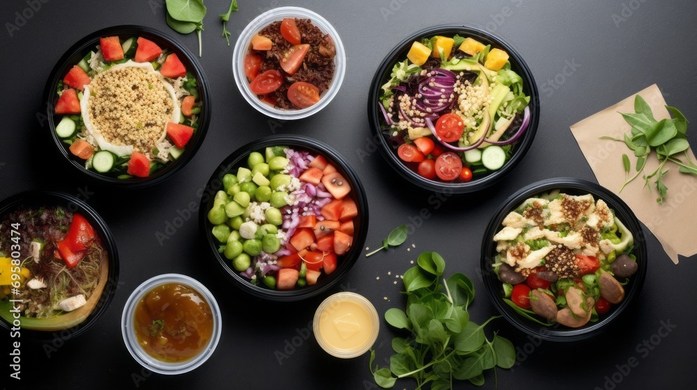 eco-friendly delights: fresh salad, soup, and more in disposable paper containers – top view on gray background