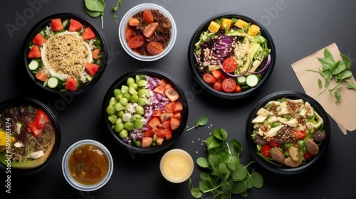 eco-friendly delights: fresh salad, soup, and more in disposable paper containers – top view on gray background