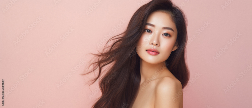 Beautiful asian woman with clean fresh skin on pink background . Beautiful asian woman with clean fresh skin on pink background .