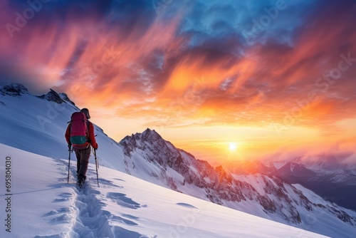 Adventurous Mountaineer Trekking Through Colorful Blizzard At Sunrise © Anastasiia