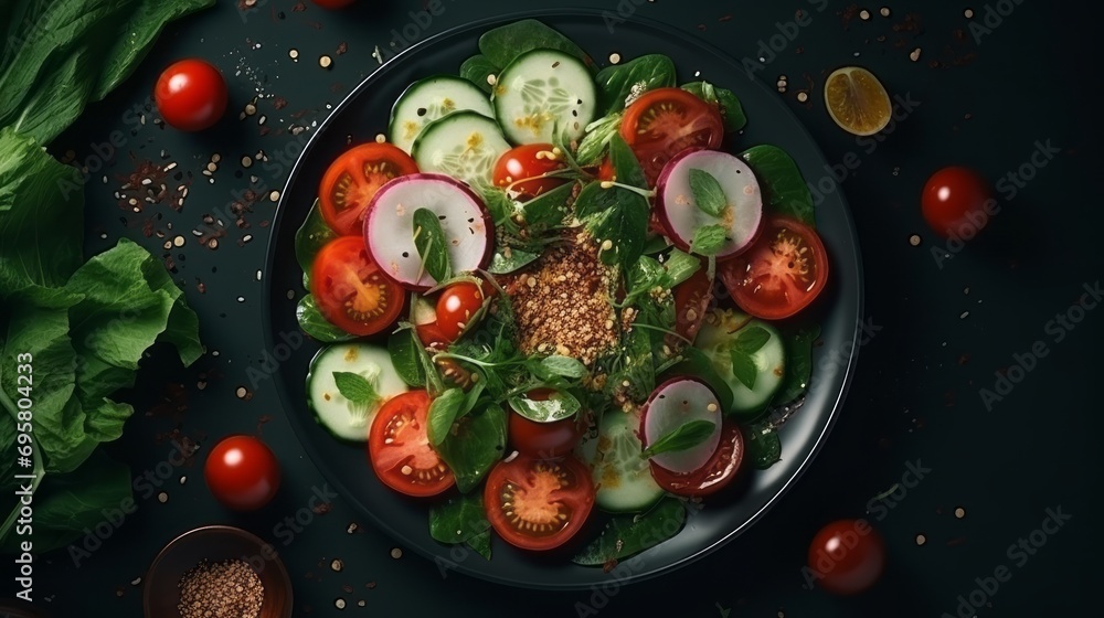 fresh veggie delight: vibrant tomato, cucumber, onion, spinach, lettuce, and sesame salad on plate – nutritious diet menu, top view fresh veggie delight: vibrant tomato, cucumber, onion, spinach, lettuce, and sesame salad on plate – nutritious diet menu, top view