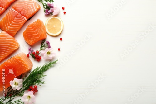 Salmon Sashimi background. Flat lay, top view. Copy space.