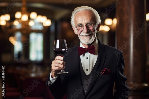 Sophisticated elderly man savoring fine wine in an elegant setting