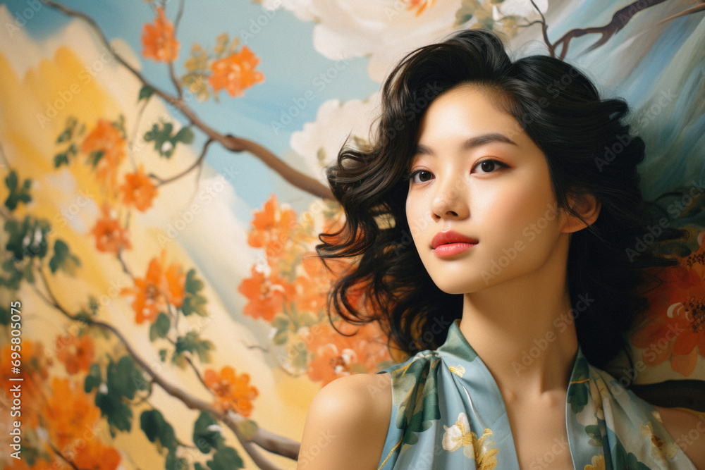 Portrait of beautiful asian woman with makeup and floral background .