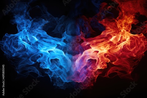 Vibrant Red And Blue Fire Illuminated On A Black Background