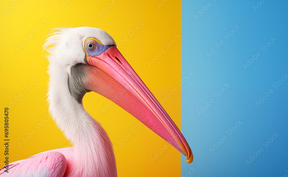 Fototapeta premium Creative animal concept. Pelican peeking over pastel bright background.
