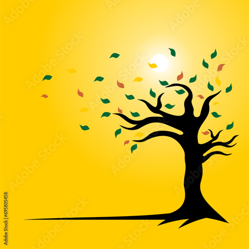 Black silhouette of a tree trunk with twigs and colorful fallen leaves. Suitable for backgrounds, designs, wallpapers. Isolated on yellow background. Vector Illustrations