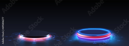 Dark sci fi futuristic cyber stage podium neon blue glowing. Circle portals, teleport, hologram gadget. Blank display, stage or magic portal, podium for show product in futuristic cyberpunk style.