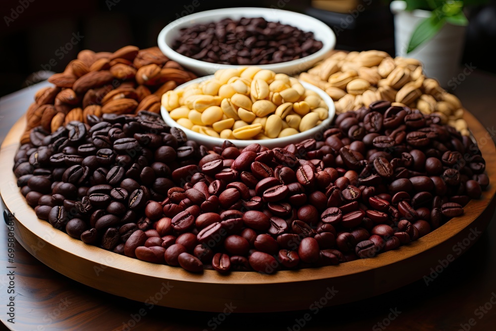 Fototapeta premium Photo of various roasted coffee beans of various degrees of roasting on a wooden surface, choose the perfect roasting of coffee beans, generative AI