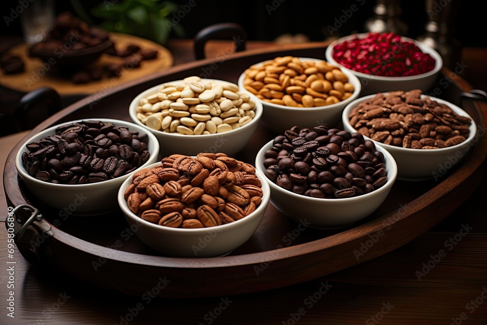 Photo of various roasted coffee beans of various degrees of roasting on a wooden surface, choose the perfect roasting of coffee beans, generative AI Photo of various roasted coffee beans of various degrees of roasting on a wooden surface, choose the perfect roasting of coffee beans, generative AI