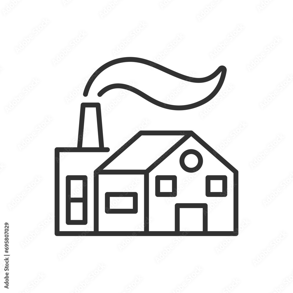 Industrial building with a chimney with smoke, linear icon. Line with editable stroke Industrial building with a chimney with smoke, linear icon. Line with editable stroke