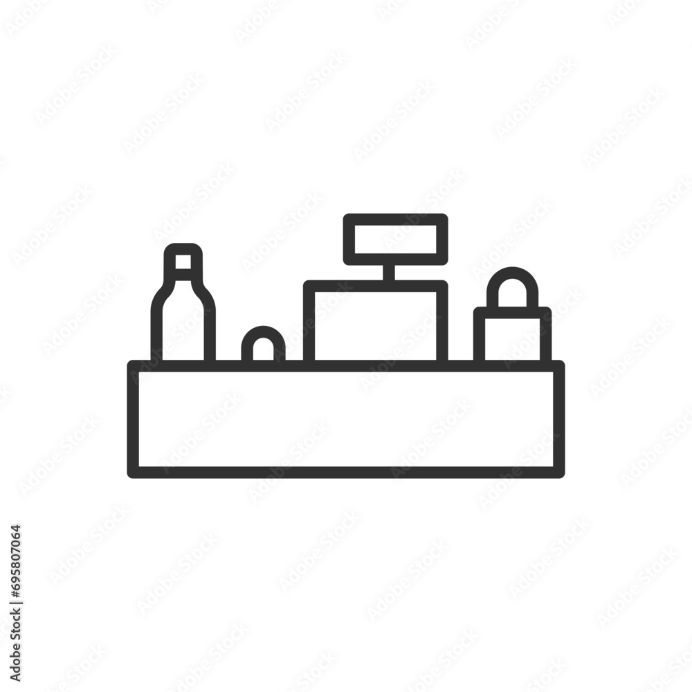 Store cash register, linear icon, merchandise, cash register and bag. Line with editable stroke Store cash register, linear icon, merchandise, cash register and bag. Line with editable stroke
