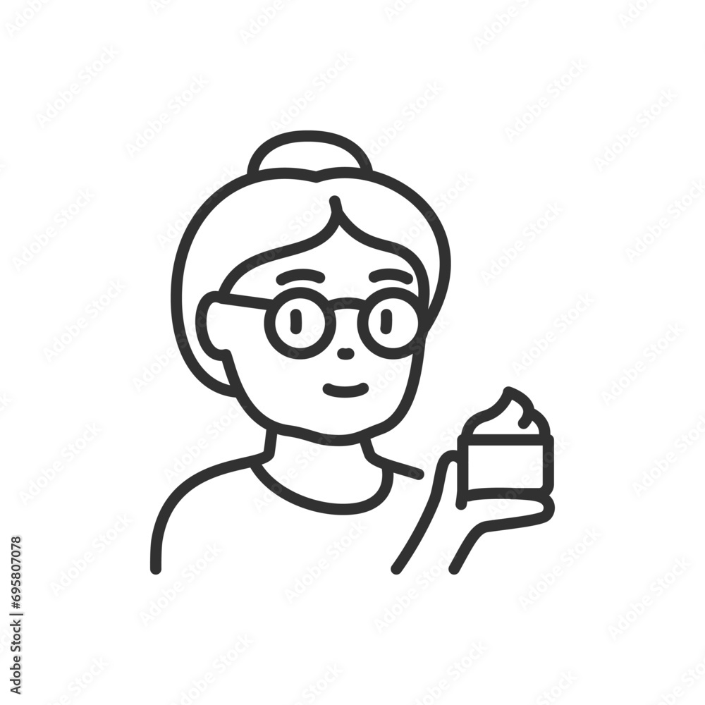 Cream for rejuvenation, linear icon. Wrinkle cream. An old woman holding a cream in her hand. Line with editable stroke