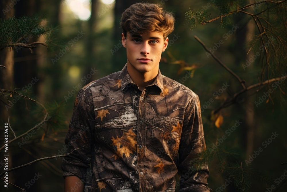 Young model in a camouflage shirt, forest background, adventurous theme