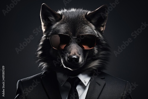 Wolf in a sharp black suit and modern sunglasses, sleek style