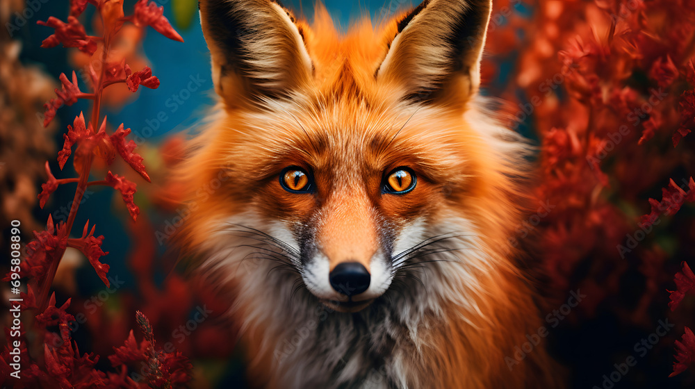 Obraz premium Intense Gaze of a Red Fox in Autumn Flora