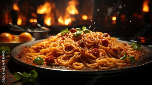 close up delicious spaghetti full of spices, black and blur background