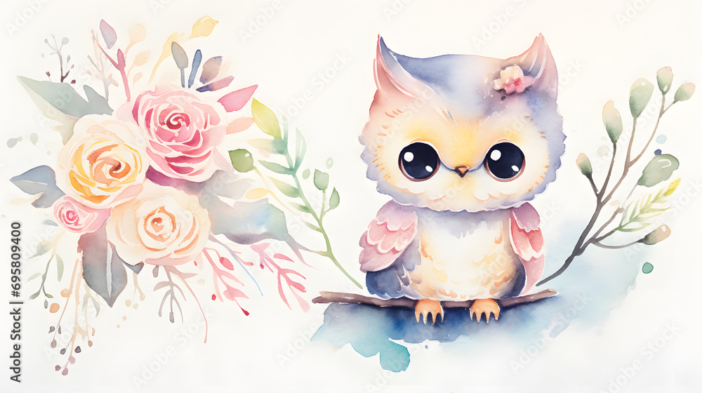 Adorable Watercolor Owl with Pastel Floral Bouquet Artwork