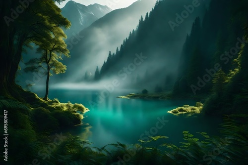 A serene, misty morning over a tranquil lake framed by towering mountains cloaked in verdant forests.