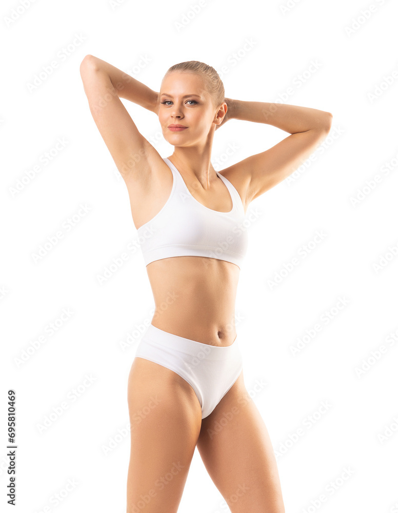 Perfect body of young and beautiful woman in swimsuit isolated on white. Weight loss, diet, sport and fitness concepts. Perfect body of young and beautiful woman in swimsuit isolated on white. Weight loss, diet, sport and fitness concepts.