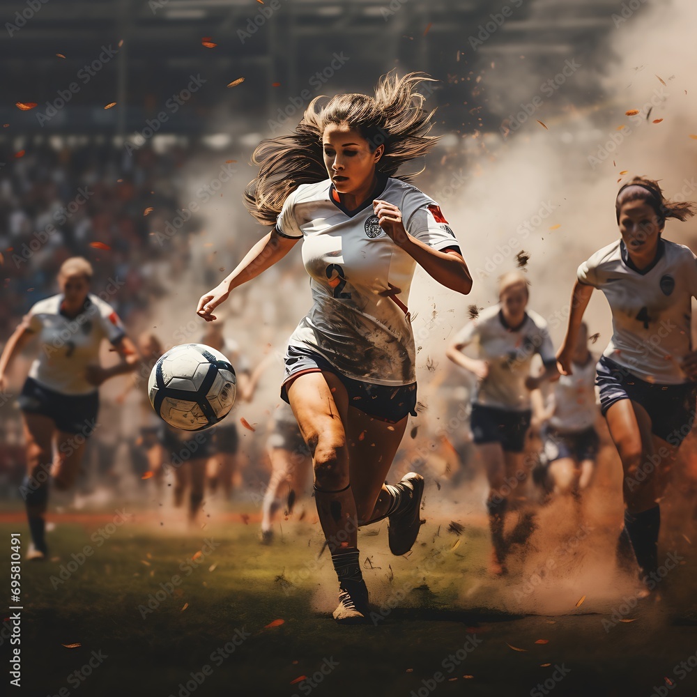 A Triumphant Goal: A Woman Football Player's Celebration in a Vibrant Stadium - obrazy, fototapety, plakaty 