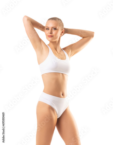 Perfect body of young and beautiful woman in swimsuit isolated on white. Weight loss, diet, sport and fitness concepts.