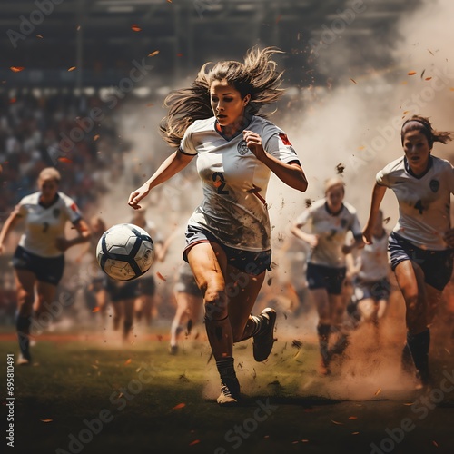 A Triumphant Goal: A Woman Football Player's Celebration in a Vibrant Stadium photo